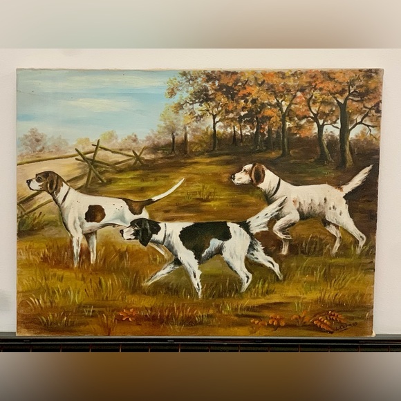 Mid Century Vintage Acrylic on Canvas 3 Dogs Hunting in Field Painting - Picture 2 of 13